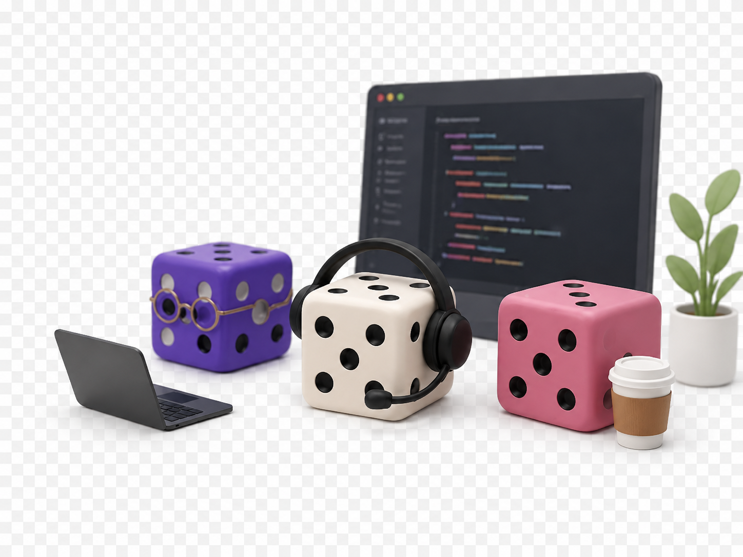 Three dice at a desk — one with glasses, one with a headset, one pink